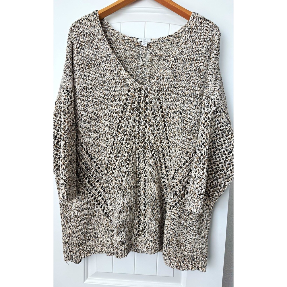 J. Jill Women's Plus Sweater 3X V-Neck Open-Knit 3/4 cottagecore grannycore boho